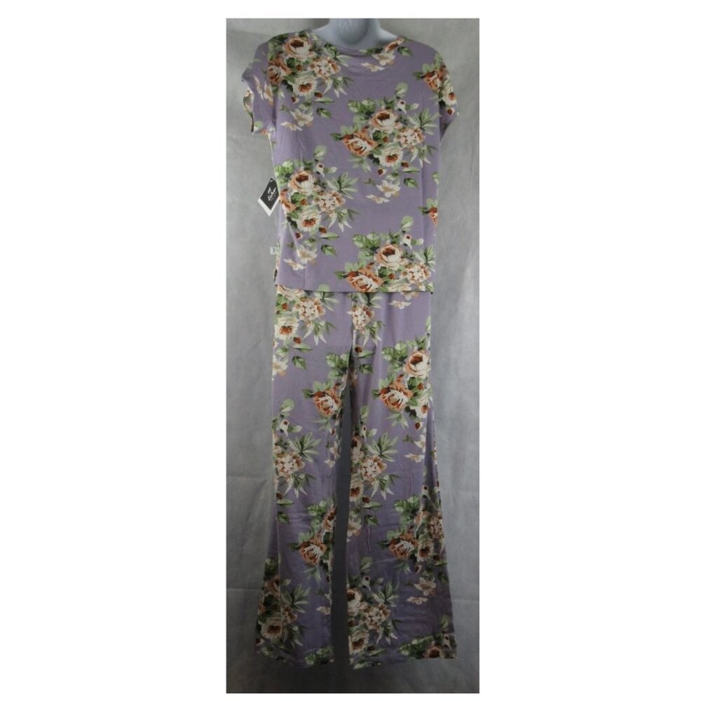 NWT Echo Women's 2-Piece Short Sleeve Wide Leg Pajama Set, Purple Floral - Picture 2 of 5